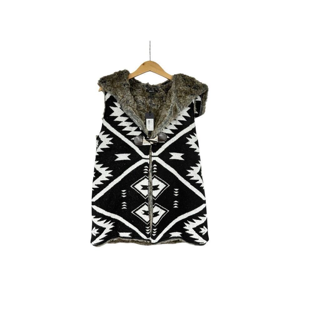 Miss Me Faux Fur Lined Aztec Print Boho Western Style Vest Womens Large New